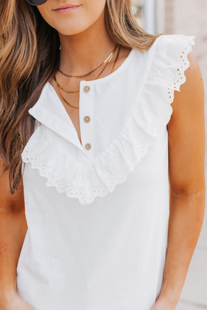 White Ruffled Tank Top With Buttons